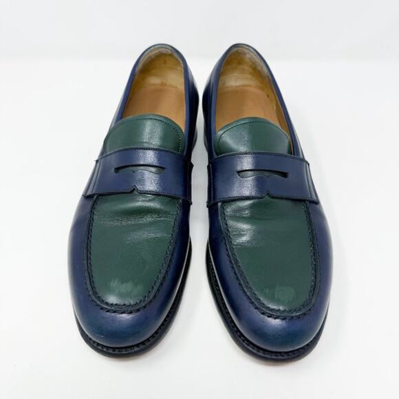 Salvatore Ferragamo Navy & Dark Green Color Block Leather Penny Loafers Size 8EE - Picture 4 of 12
